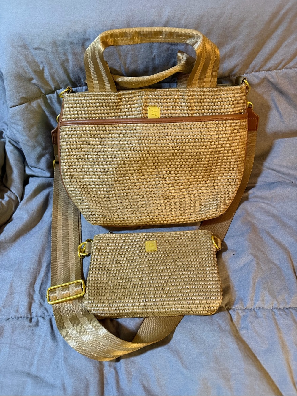THINK ROYLN Woven Straw Crossbody Bag Set - Beige and Tan Accents